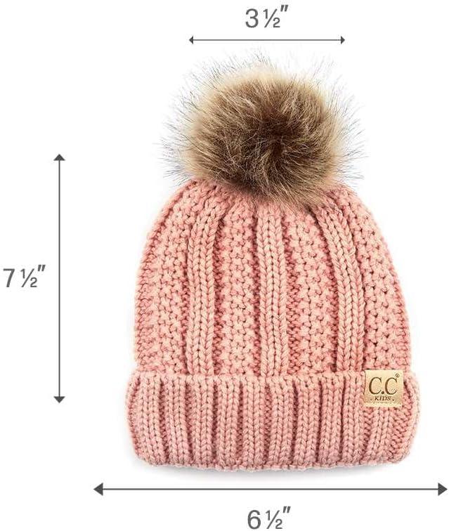 imageCC Kids Childrens Cable Knit Faux Fuzzy Fur Pom Fleece Lined Cuff BeanieIndi Pink
