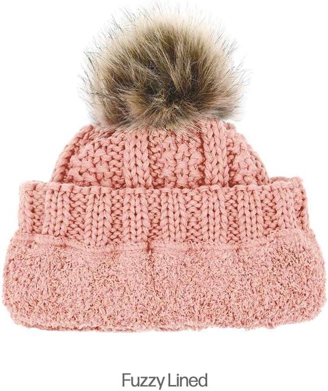 imageCC Kids Childrens Cable Knit Faux Fuzzy Fur Pom Fleece Lined Cuff BeanieIndi Pink