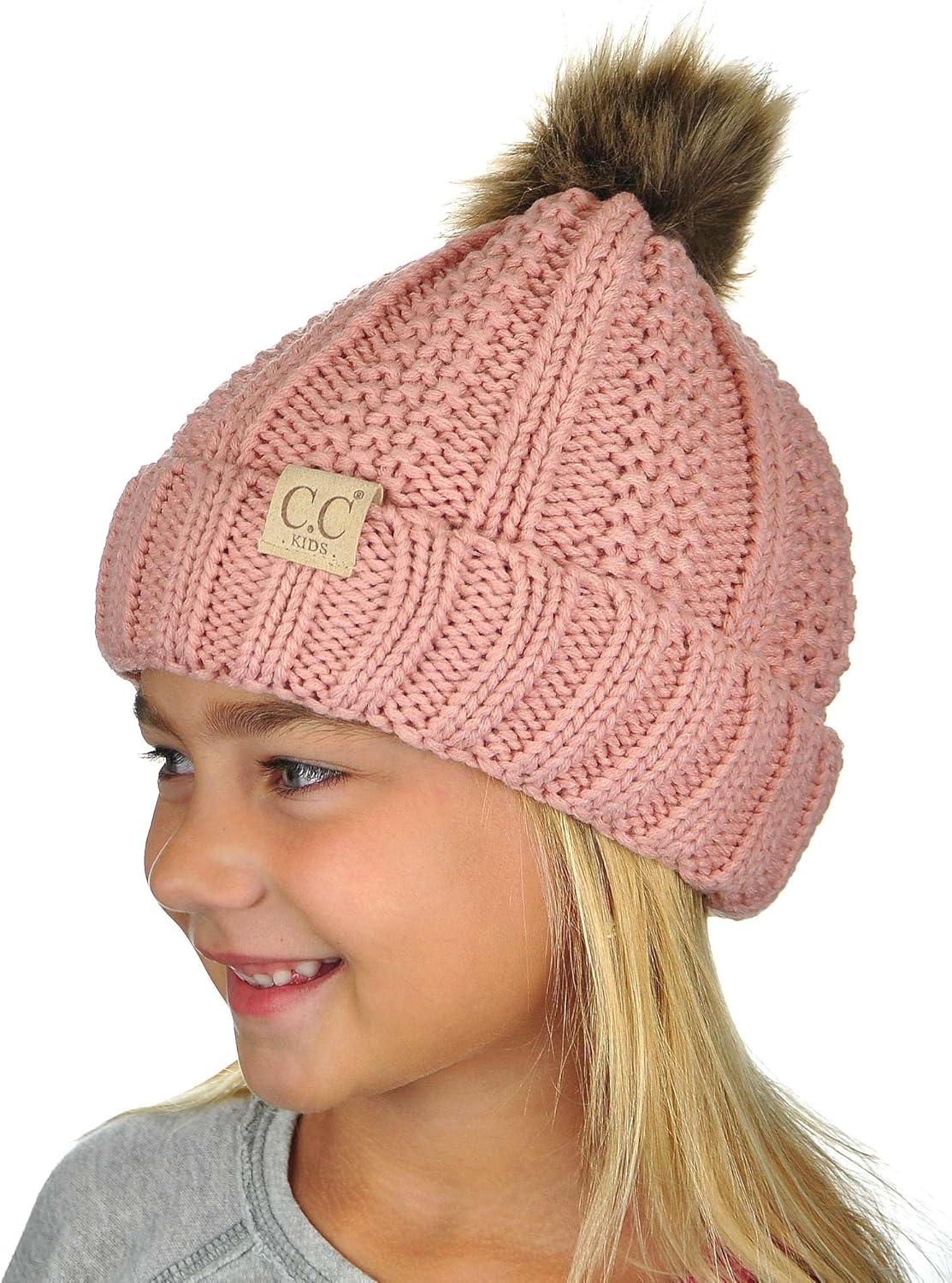 imageCC Kids Childrens Cable Knit Faux Fuzzy Fur Pom Fleece Lined Cuff BeanieIndi Pink