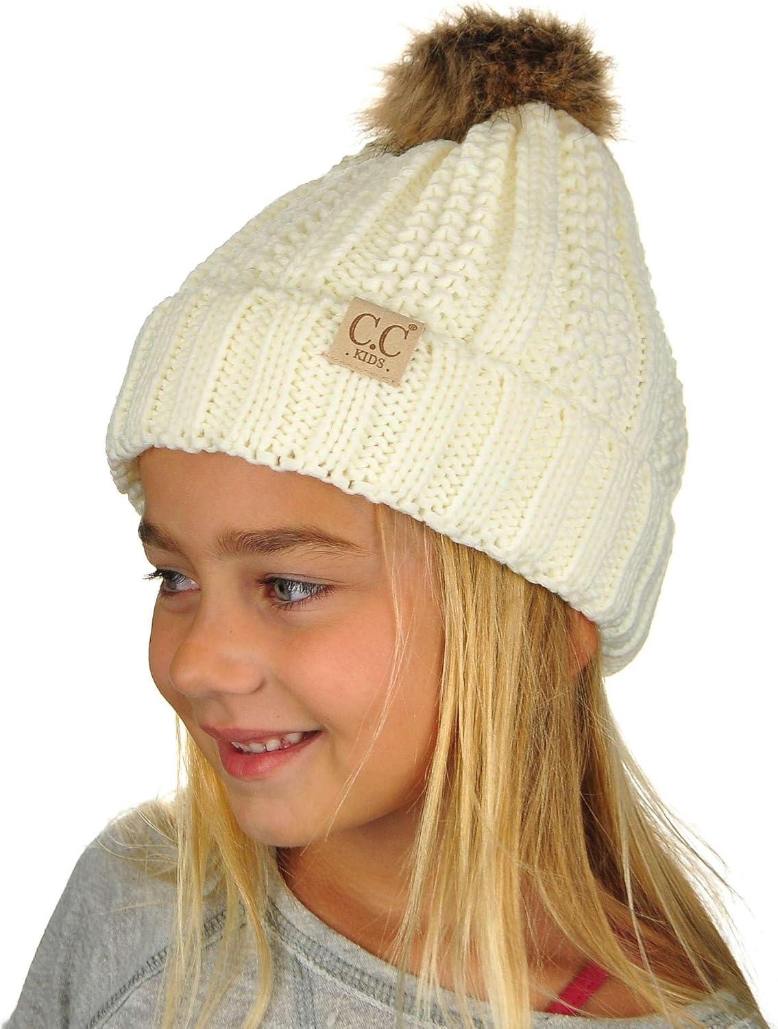imageCC Kids Childrens Cable Knit Faux Fuzzy Fur Pom Fleece Lined Cuff BeanieIvory
