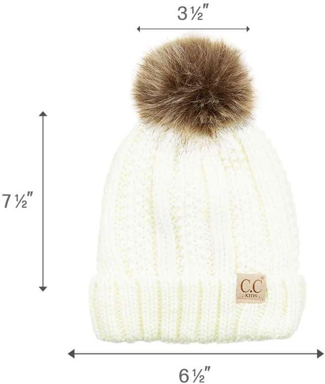 imageCC Kids Childrens Cable Knit Faux Fuzzy Fur Pom Fleece Lined Cuff BeanieIvory
