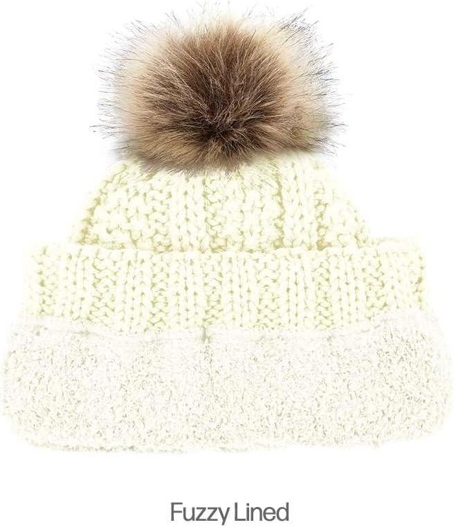 imageCC Kids Childrens Cable Knit Faux Fuzzy Fur Pom Fleece Lined Cuff BeanieIvory