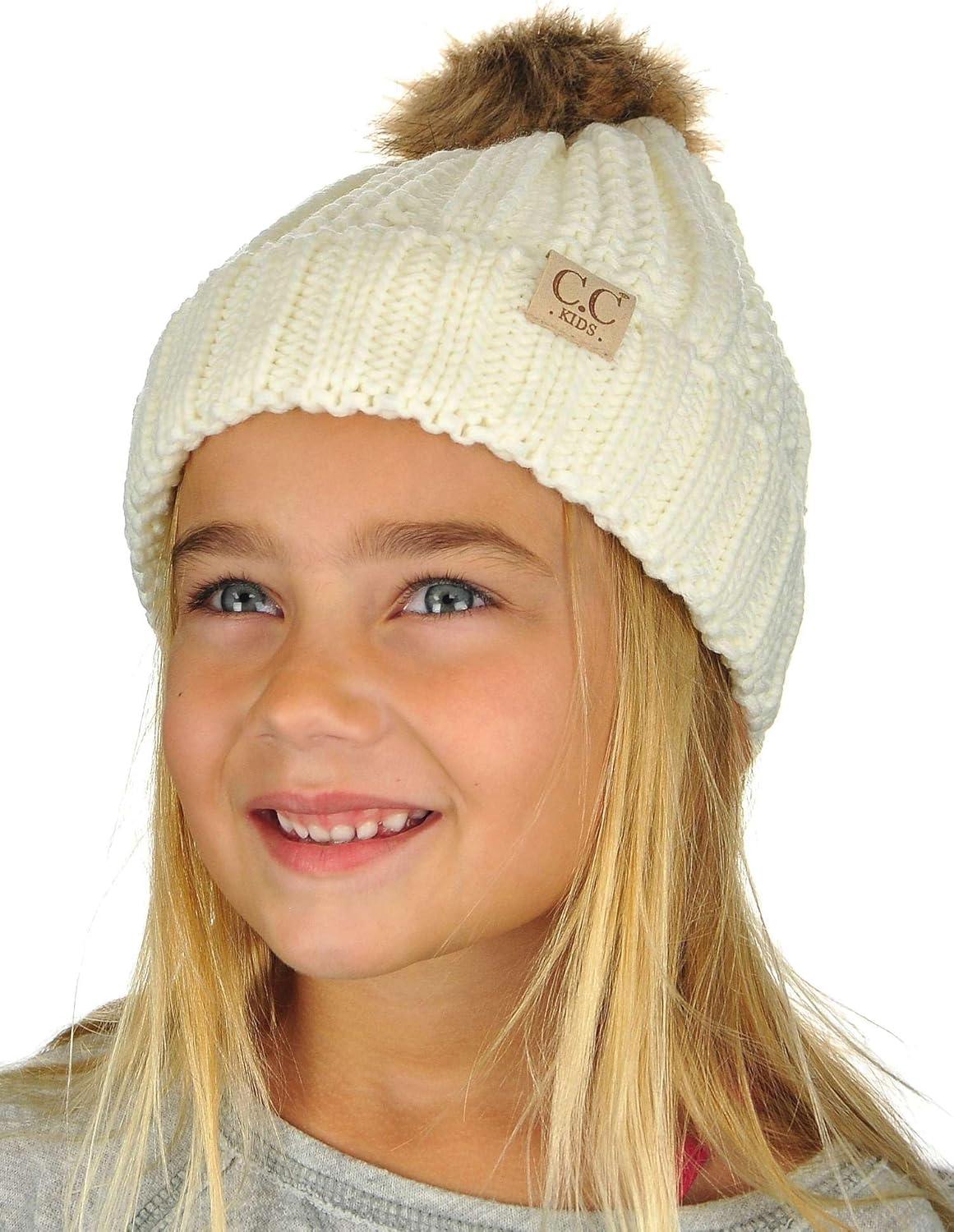 imageCC Kids Childrens Cable Knit Faux Fuzzy Fur Pom Fleece Lined Cuff BeanieIvory