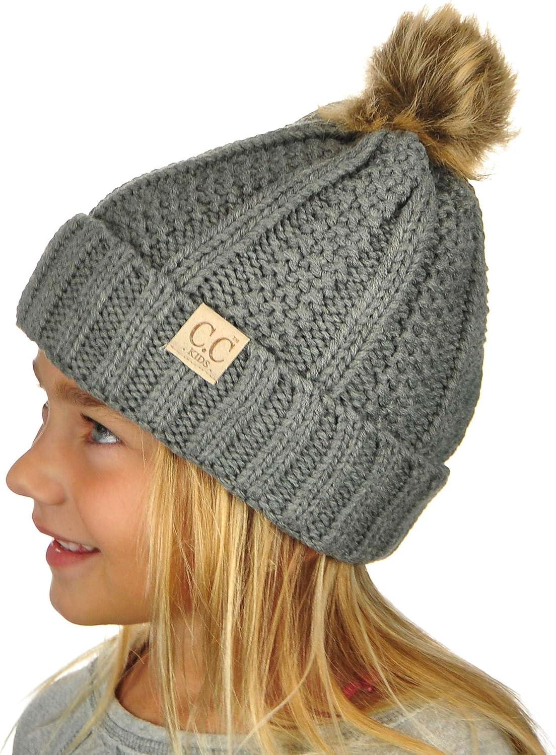 imageCC Kids Childrens Cable Knit Faux Fuzzy Fur Pom Fleece Lined Cuff BeanieLight Melange Gray