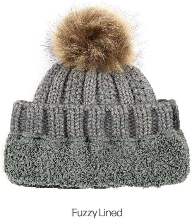 imageCC Kids Childrens Cable Knit Faux Fuzzy Fur Pom Fleece Lined Cuff BeanieLight Melange Gray