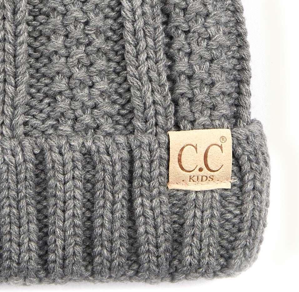 imageCC Kids Childrens Cable Knit Faux Fuzzy Fur Pom Fleece Lined Cuff BeanieLight Melange Gray