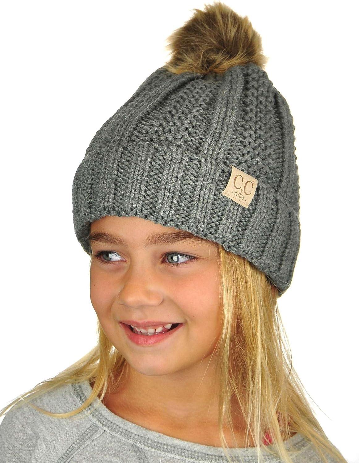 imageCC Kids Childrens Cable Knit Faux Fuzzy Fur Pom Fleece Lined Cuff BeanieLight Melange Gray