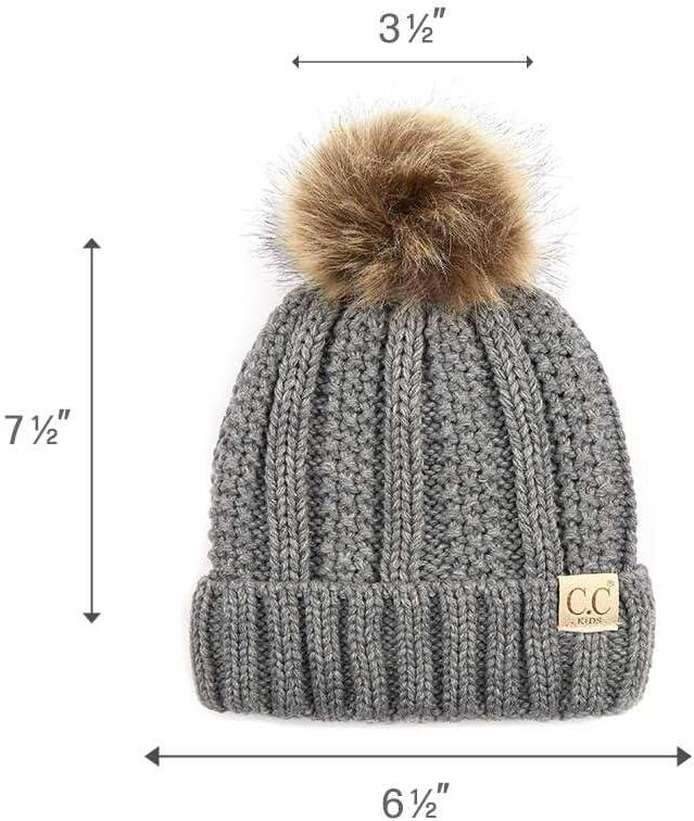 imageCC Kids Childrens Cable Knit Faux Fuzzy Fur Pom Fleece Lined Cuff BeanieLight Melange Gray