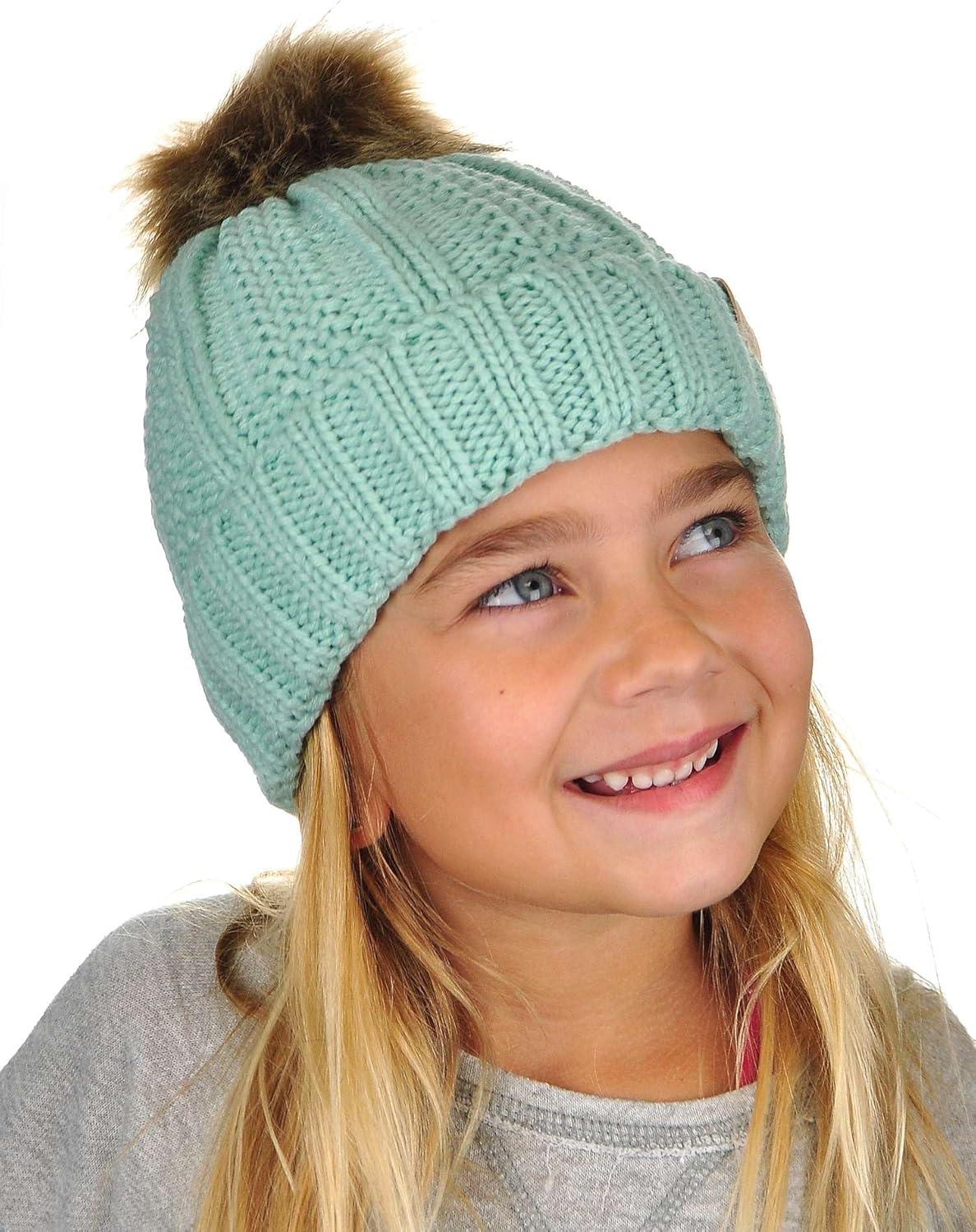 imageCC Kids Childrens Cable Knit Faux Fuzzy Fur Pom Fleece Lined Cuff BeanieMint