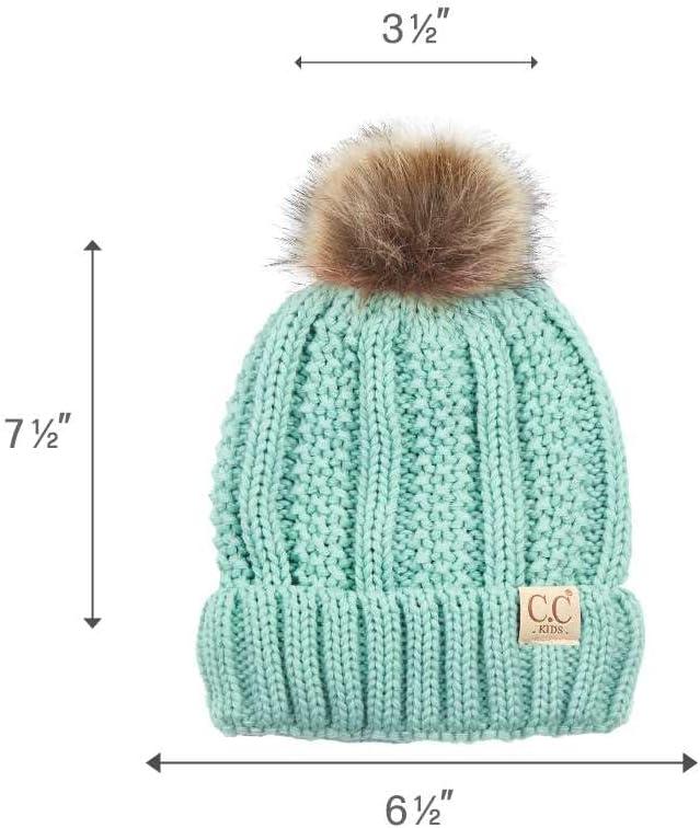 imageCC Kids Childrens Cable Knit Faux Fuzzy Fur Pom Fleece Lined Cuff BeanieMint