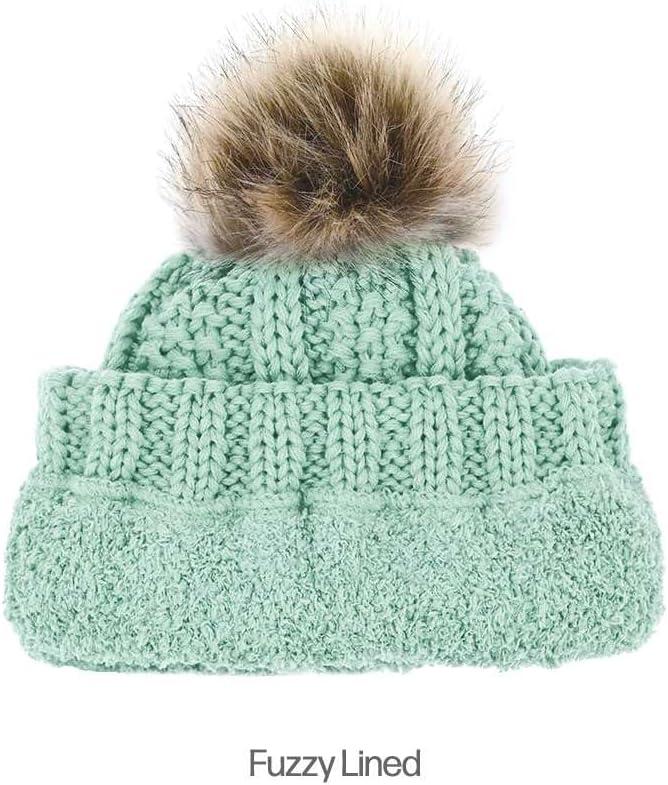imageCC Kids Childrens Cable Knit Faux Fuzzy Fur Pom Fleece Lined Cuff BeanieMint