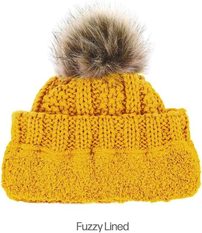 imageCC Kids Childrens Cable Knit Faux Fuzzy Fur Pom Fleece Lined Cuff BeanieMustard