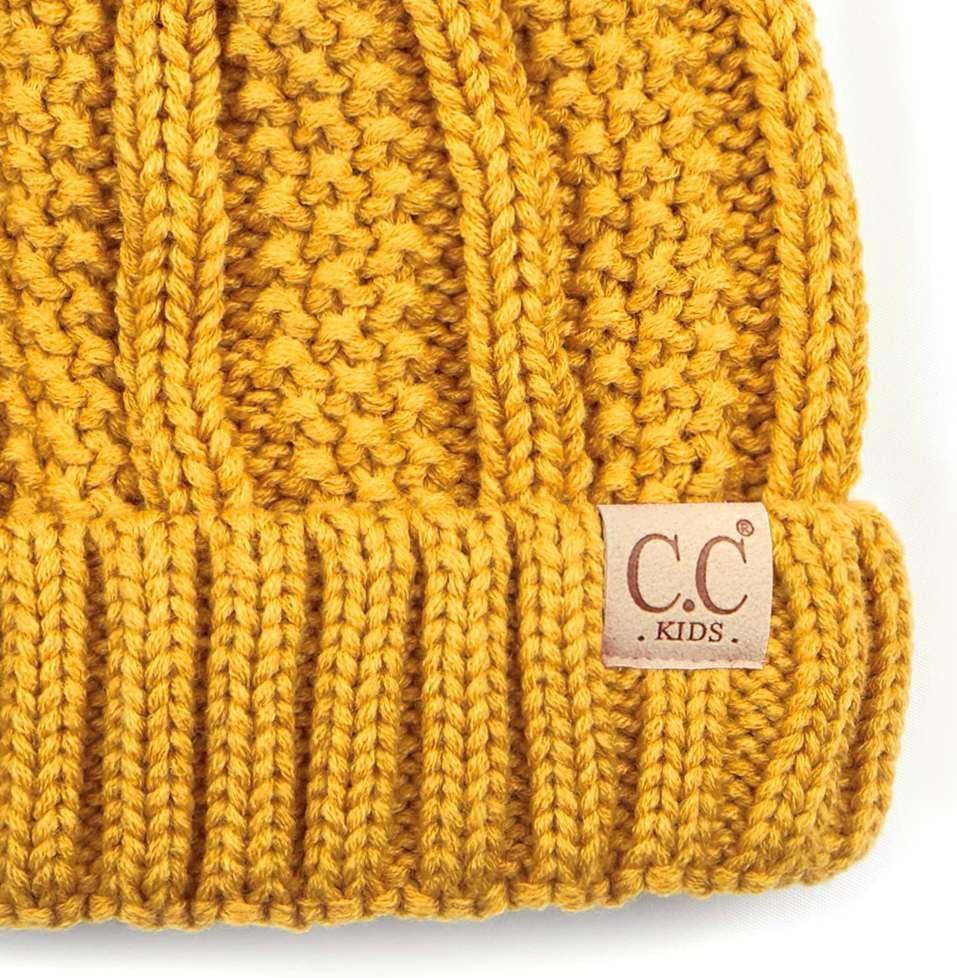imageCC Kids Childrens Cable Knit Faux Fuzzy Fur Pom Fleece Lined Cuff BeanieMustard