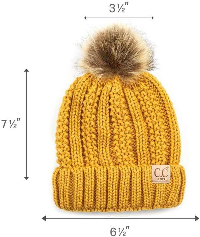 imageCC Kids Childrens Cable Knit Faux Fuzzy Fur Pom Fleece Lined Cuff BeanieMustard