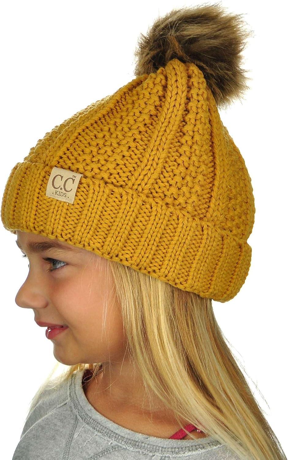 imageCC Kids Childrens Cable Knit Faux Fuzzy Fur Pom Fleece Lined Cuff BeanieMustard
