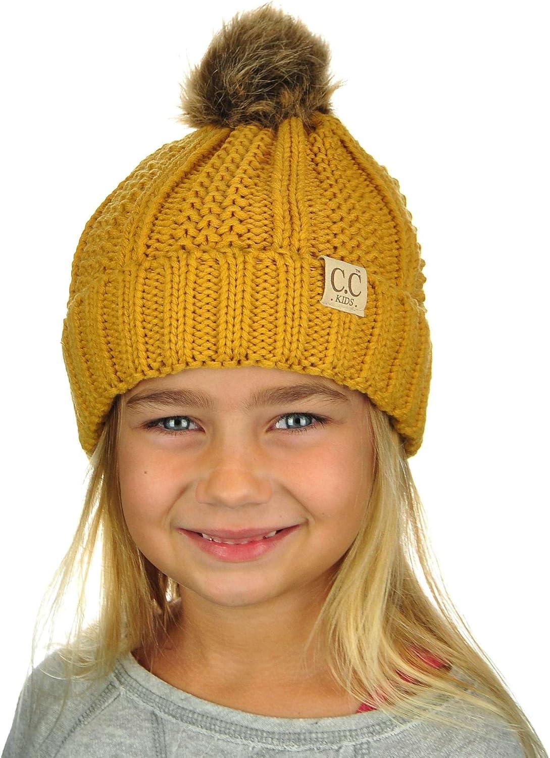 imageCC Kids Childrens Cable Knit Faux Fuzzy Fur Pom Fleece Lined Cuff BeanieMustard