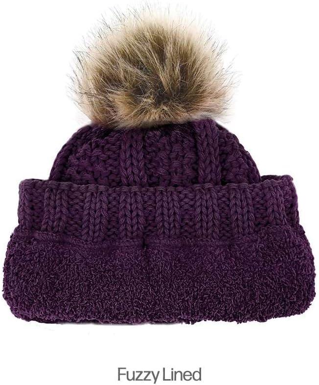 imageCC Kids Childrens Cable Knit Faux Fuzzy Fur Pom Fleece Lined Cuff BeaniePurple