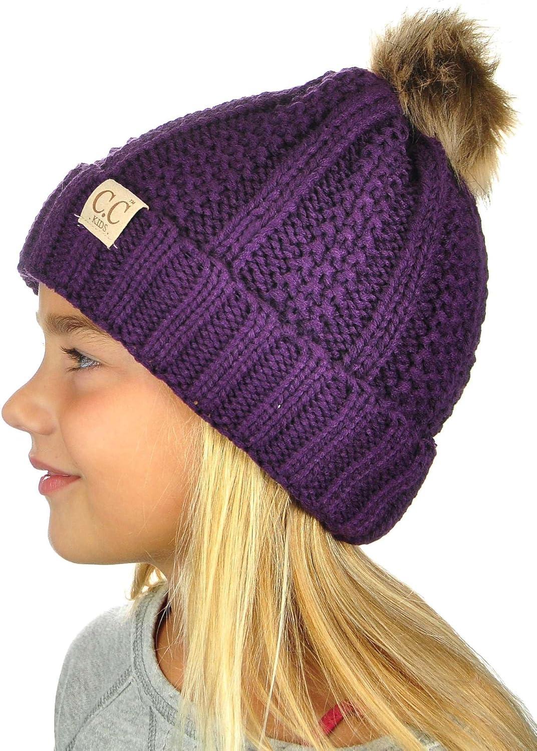 imageCC Kids Childrens Cable Knit Faux Fuzzy Fur Pom Fleece Lined Cuff BeaniePurple