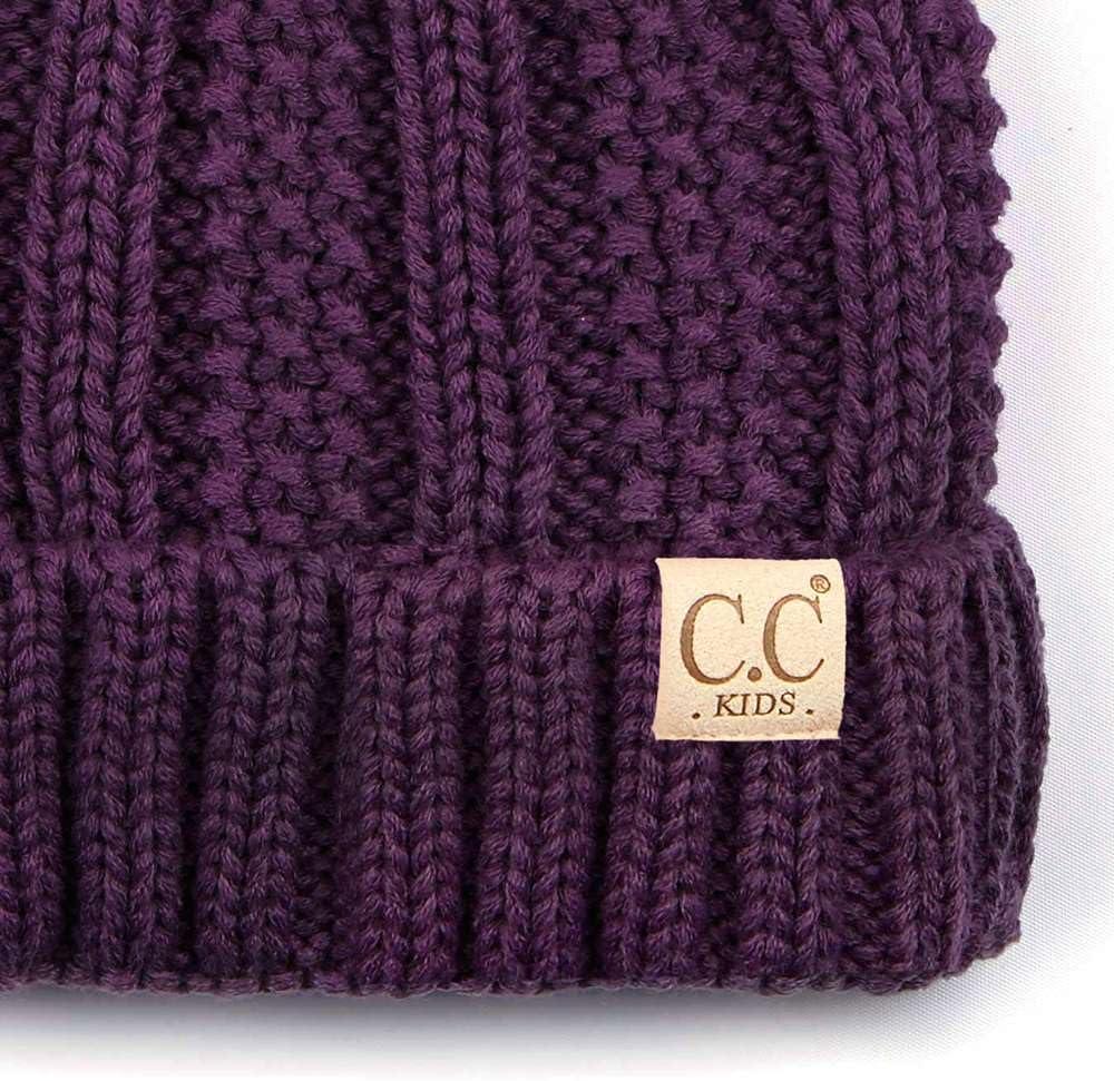 imageCC Kids Childrens Cable Knit Faux Fuzzy Fur Pom Fleece Lined Cuff BeaniePurple