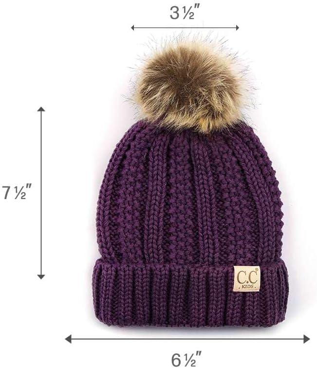 imageCC Kids Childrens Cable Knit Faux Fuzzy Fur Pom Fleece Lined Cuff BeaniePurple