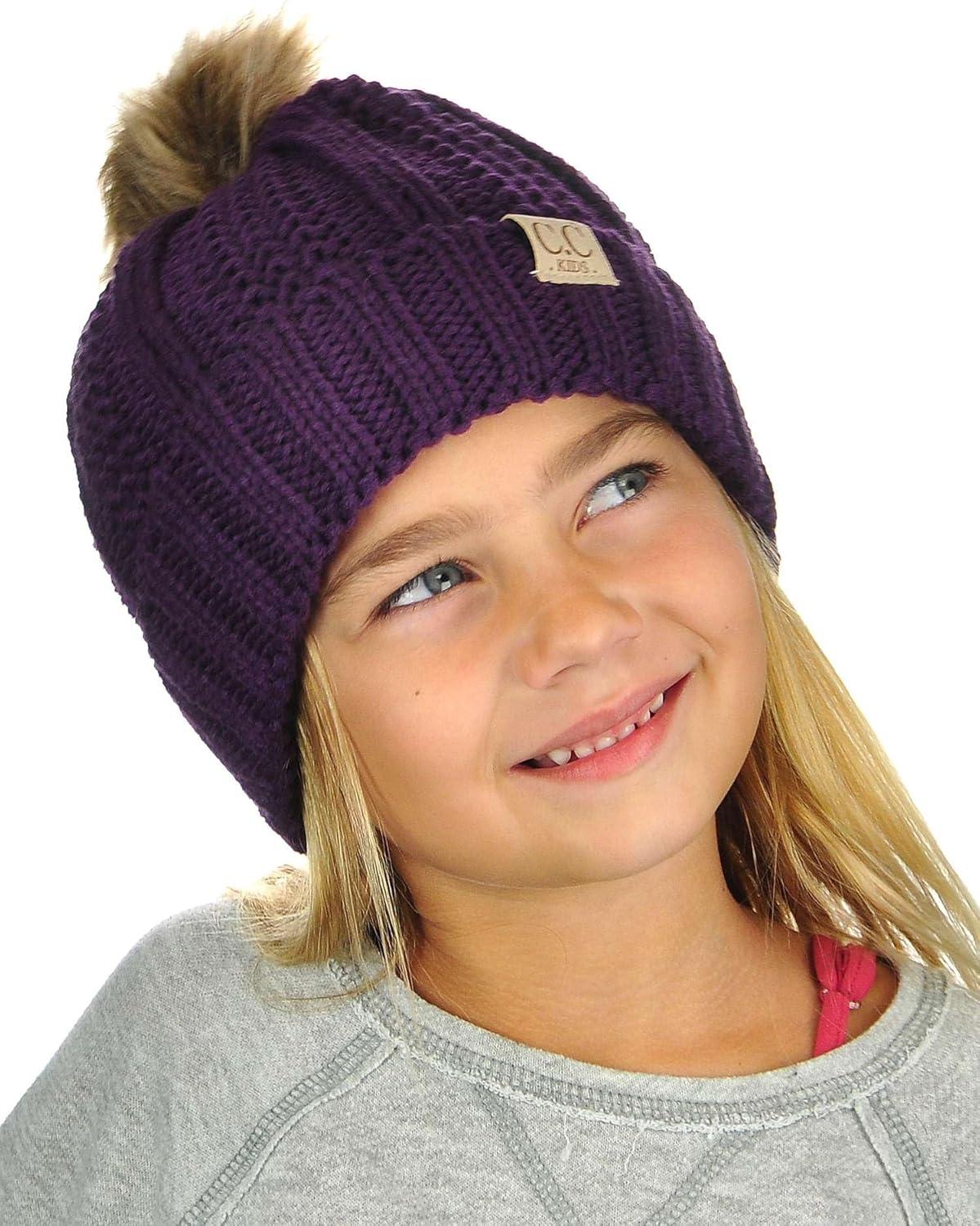 imageCC Kids Childrens Cable Knit Faux Fuzzy Fur Pom Fleece Lined Cuff BeaniePurple