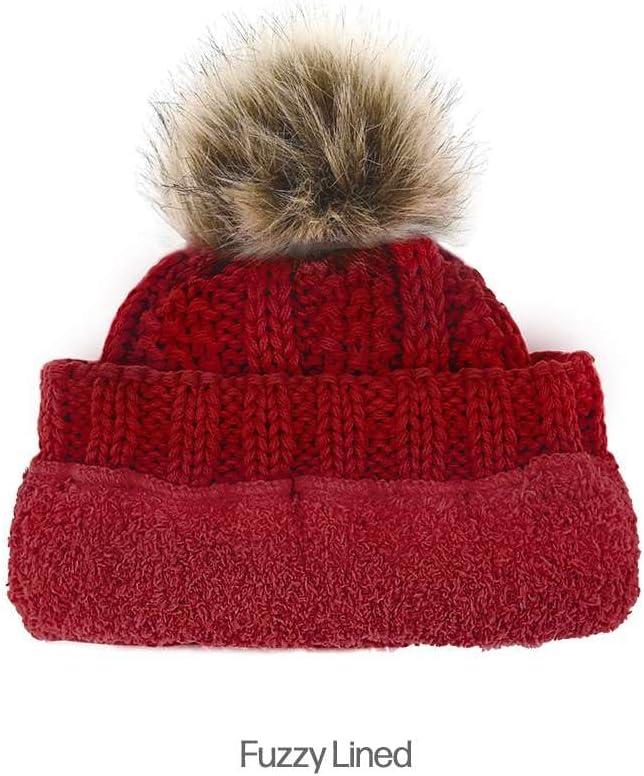 imageCC Kids Childrens Cable Knit Faux Fuzzy Fur Pom Fleece Lined Cuff BeanieRed
