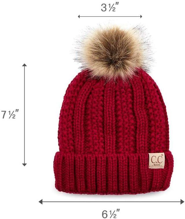 imageCC Kids Childrens Cable Knit Faux Fuzzy Fur Pom Fleece Lined Cuff BeanieRed