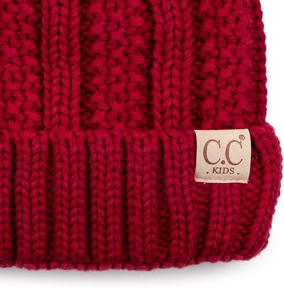 imageCC Kids Childrens Cable Knit Faux Fuzzy Fur Pom Fleece Lined Cuff BeanieRed