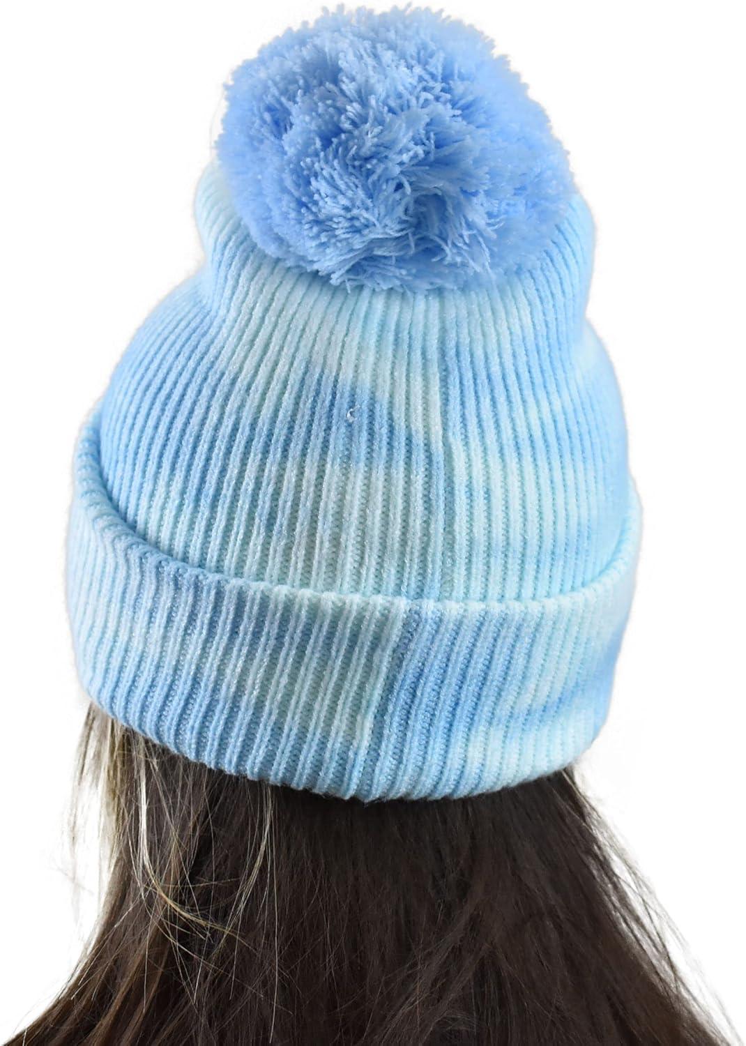 imageCC Kids Childrens Winter Thick Knit Tie Dye Pom Cuff BeanieBaby BlueWhite