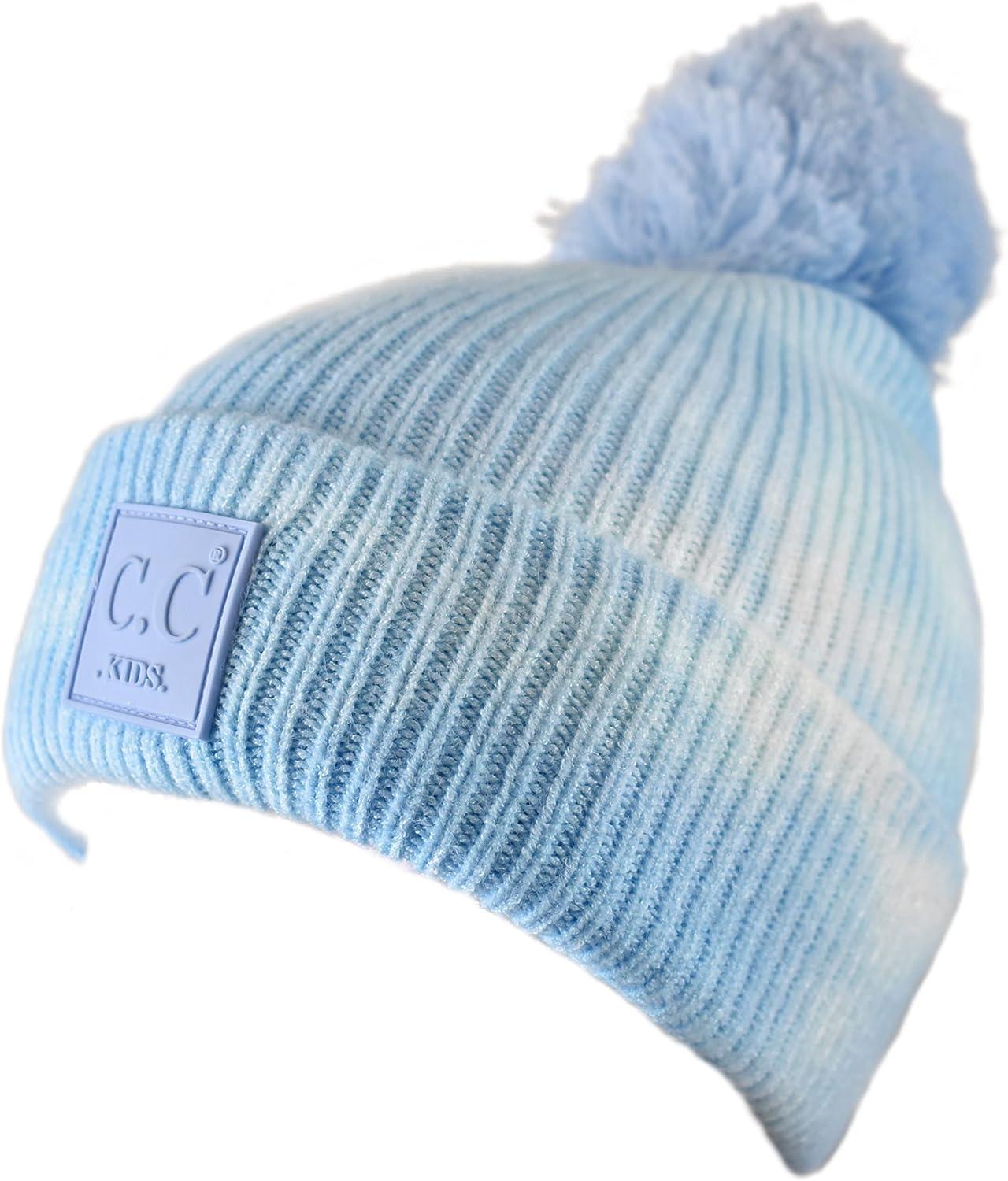 imageCC Kids Childrens Winter Thick Knit Tie Dye Pom Cuff BeanieBaby BlueWhite