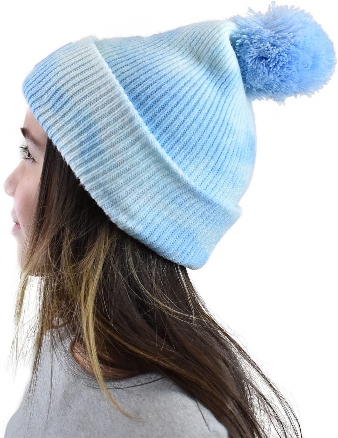 imageCC Kids Childrens Winter Thick Knit Tie Dye Pom Cuff BeanieBaby BlueWhite