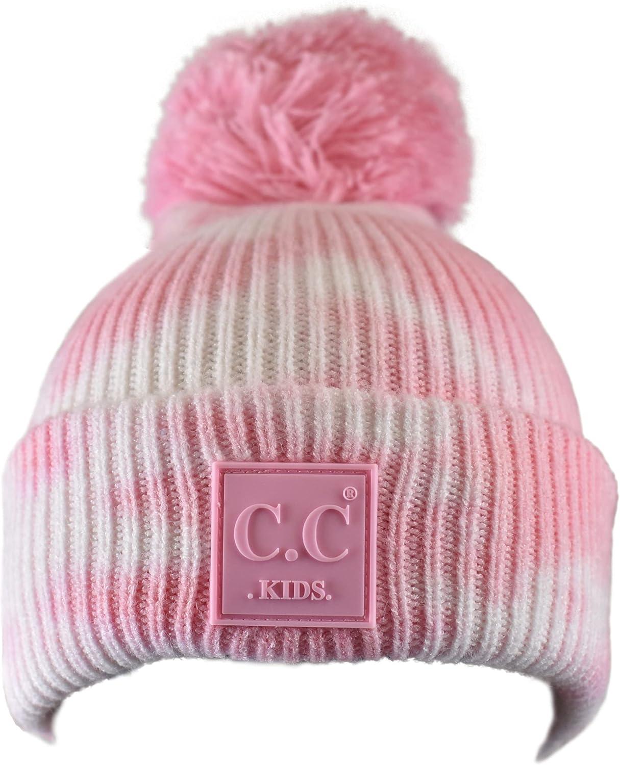 imageCC Kids Childrens Winter Thick Knit Tie Dye Pom Cuff BeanieBaby PinkWhite