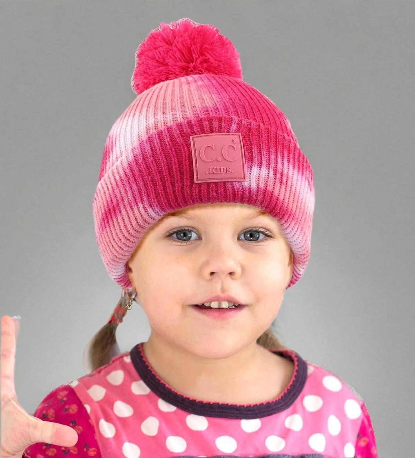 imageCC Kids Childrens Winter Thick Knit Tie Dye Pom Cuff BeanieBaby PinkWhite