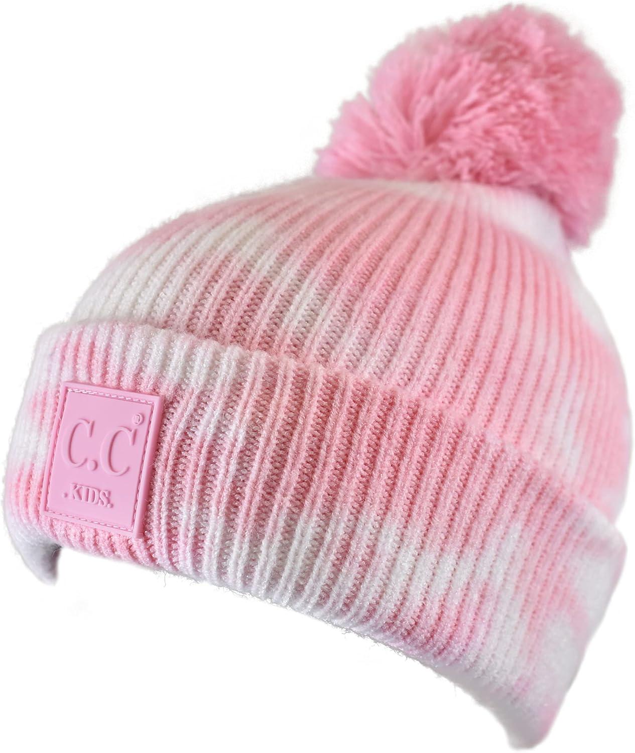 imageCC Kids Childrens Winter Thick Knit Tie Dye Pom Cuff BeanieBaby PinkWhite