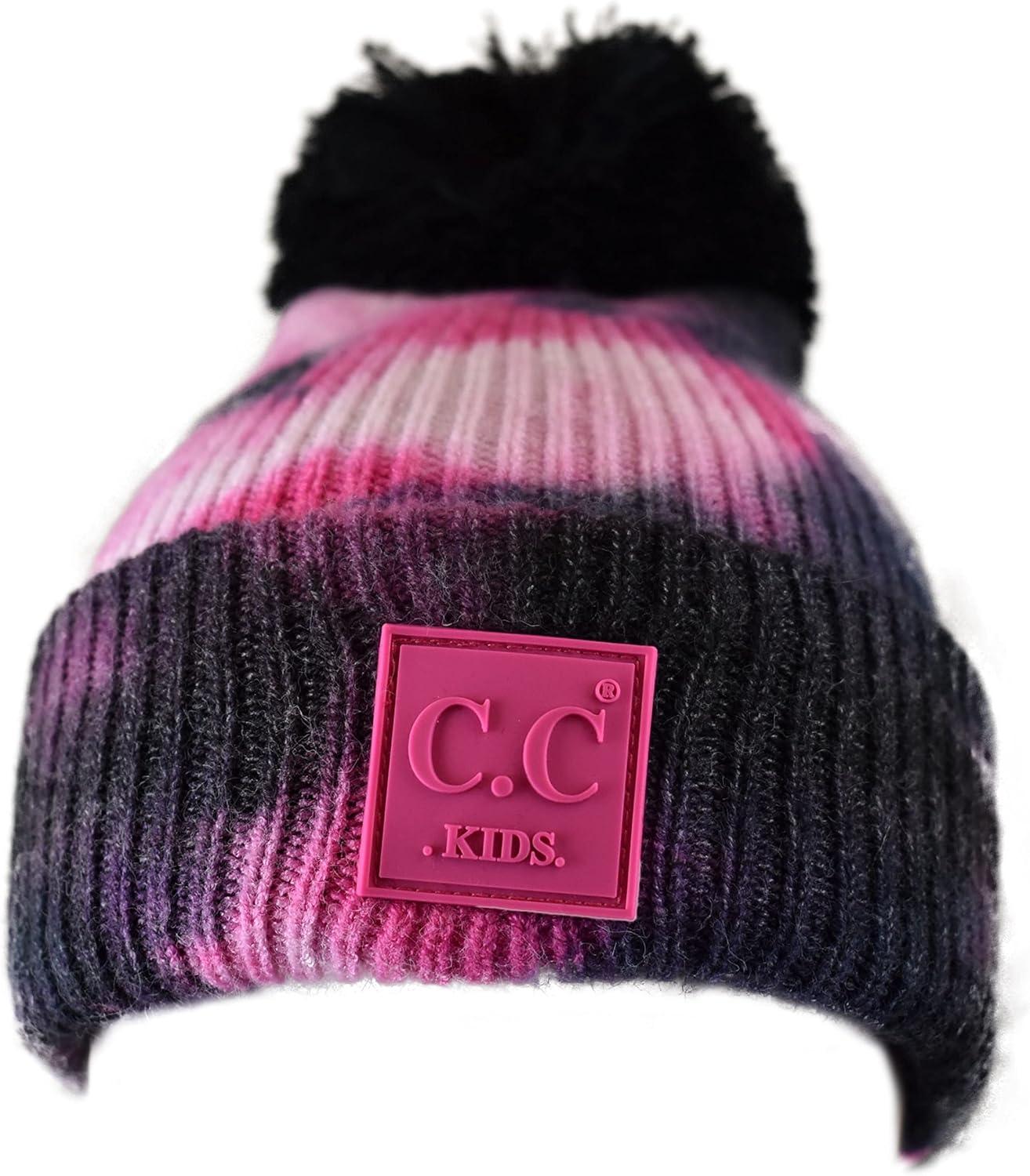 imageCC Kids Childrens Winter Thick Knit Tie Dye Pom Cuff BeanieBlackHot Pink