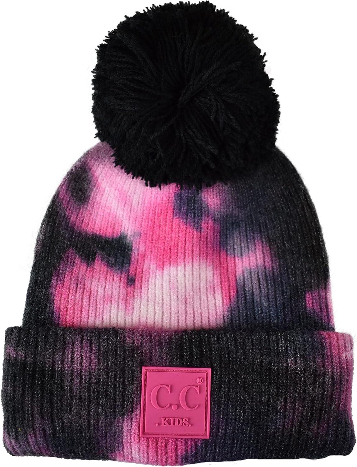 imageCC Kids Childrens Winter Thick Knit Tie Dye Pom Cuff BeanieBlackHot Pink
