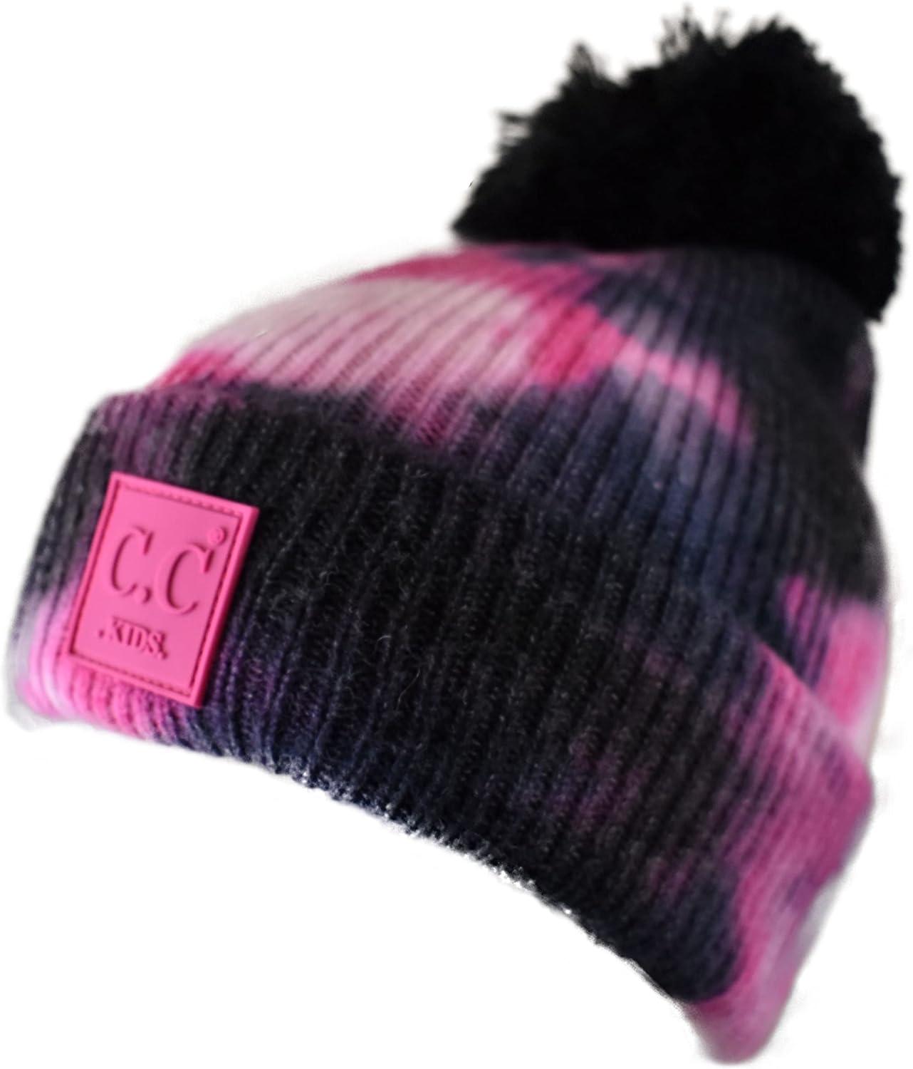 imageCC Kids Childrens Winter Thick Knit Tie Dye Pom Cuff BeanieBlackHot Pink