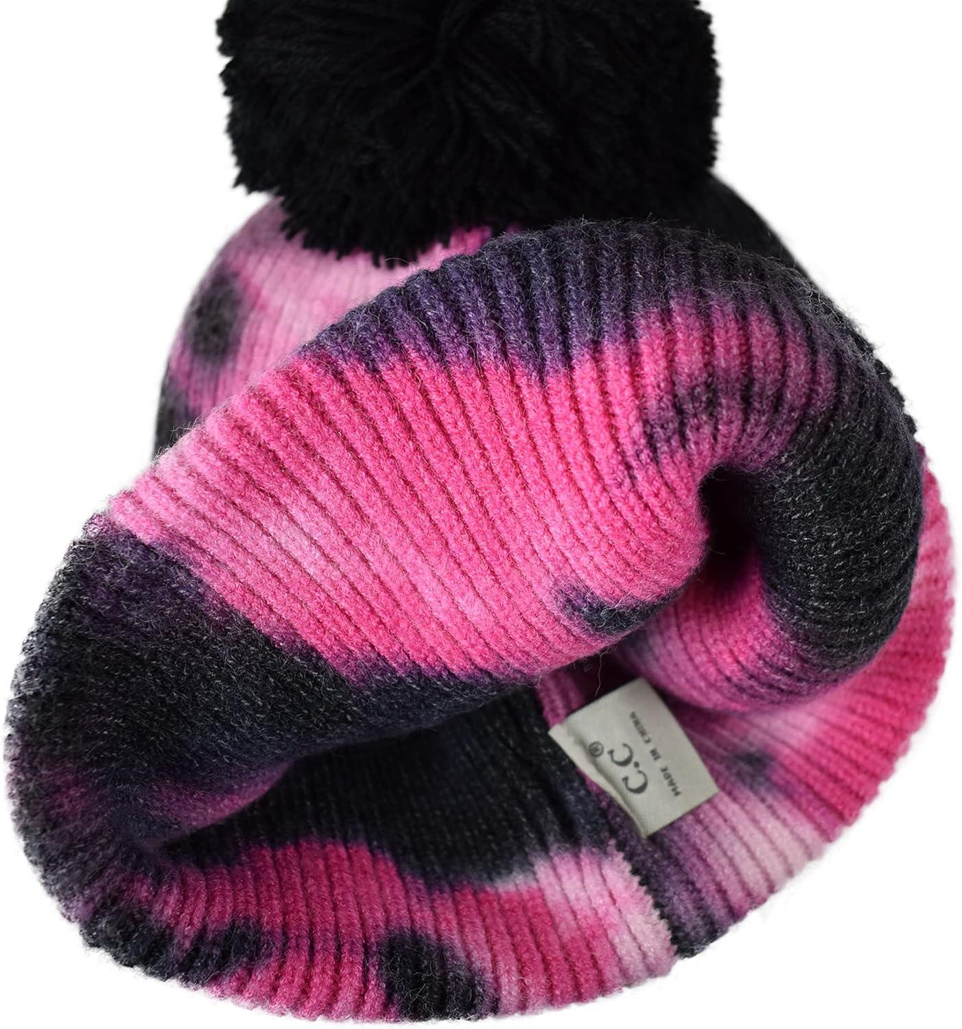 imageCC Kids Childrens Winter Thick Knit Tie Dye Pom Cuff BeanieBlackHot Pink