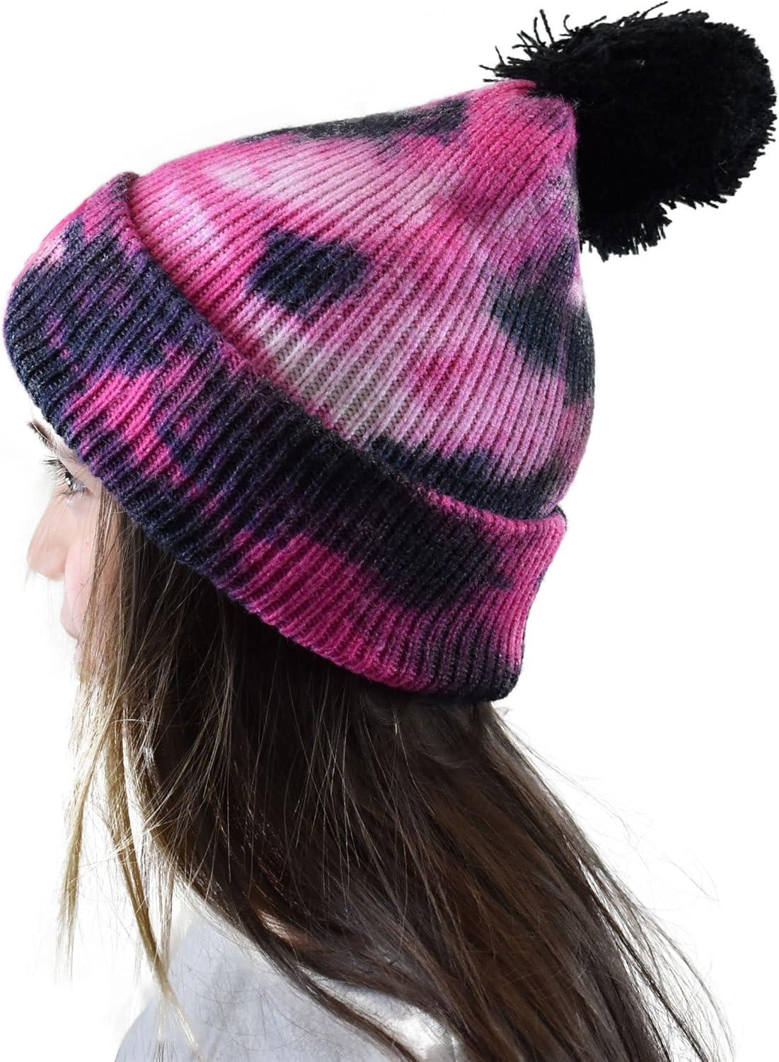 imageCC Kids Childrens Winter Thick Knit Tie Dye Pom Cuff BeanieBlackHot Pink