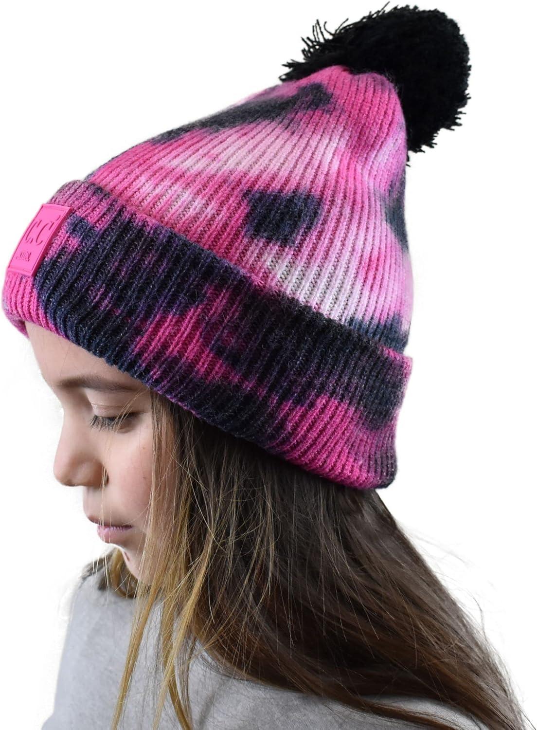 imageCC Kids Childrens Winter Thick Knit Tie Dye Pom Cuff BeanieBlackHot Pink