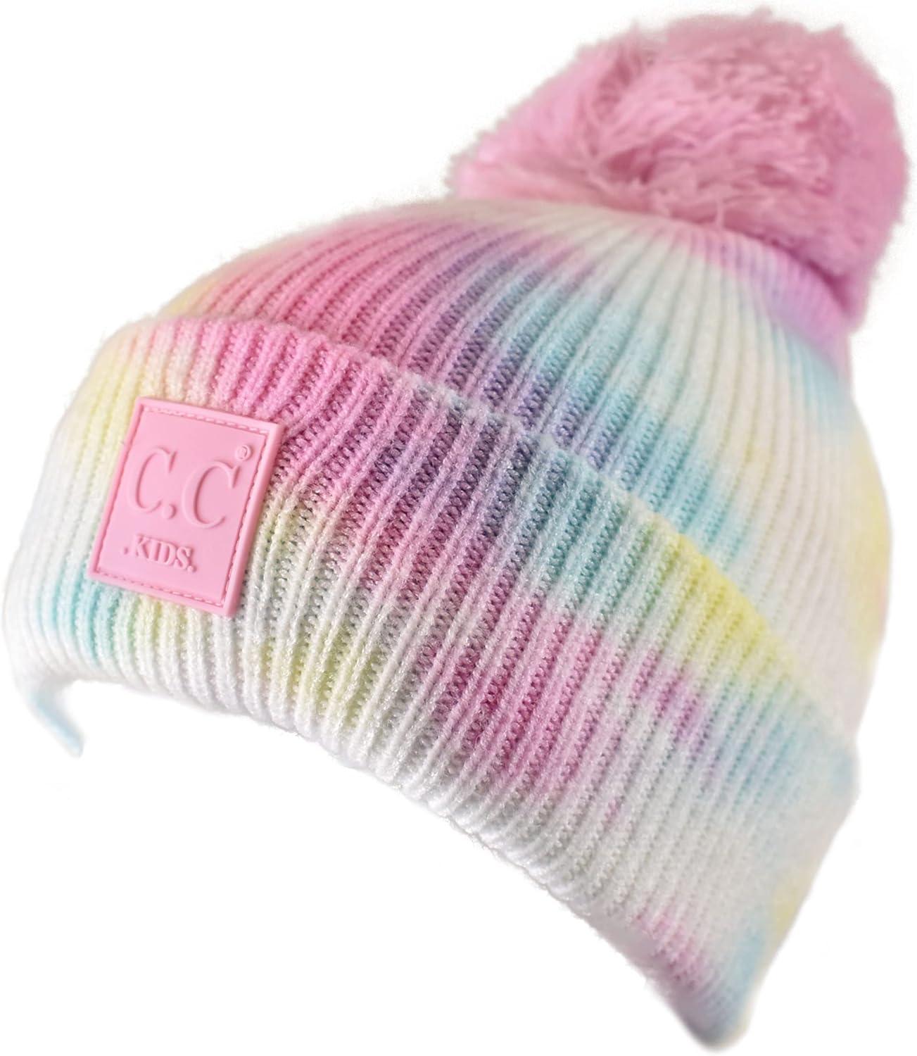 imageCC Kids Childrens Winter Thick Knit Tie Dye Pom Cuff BeanieCotton Candy