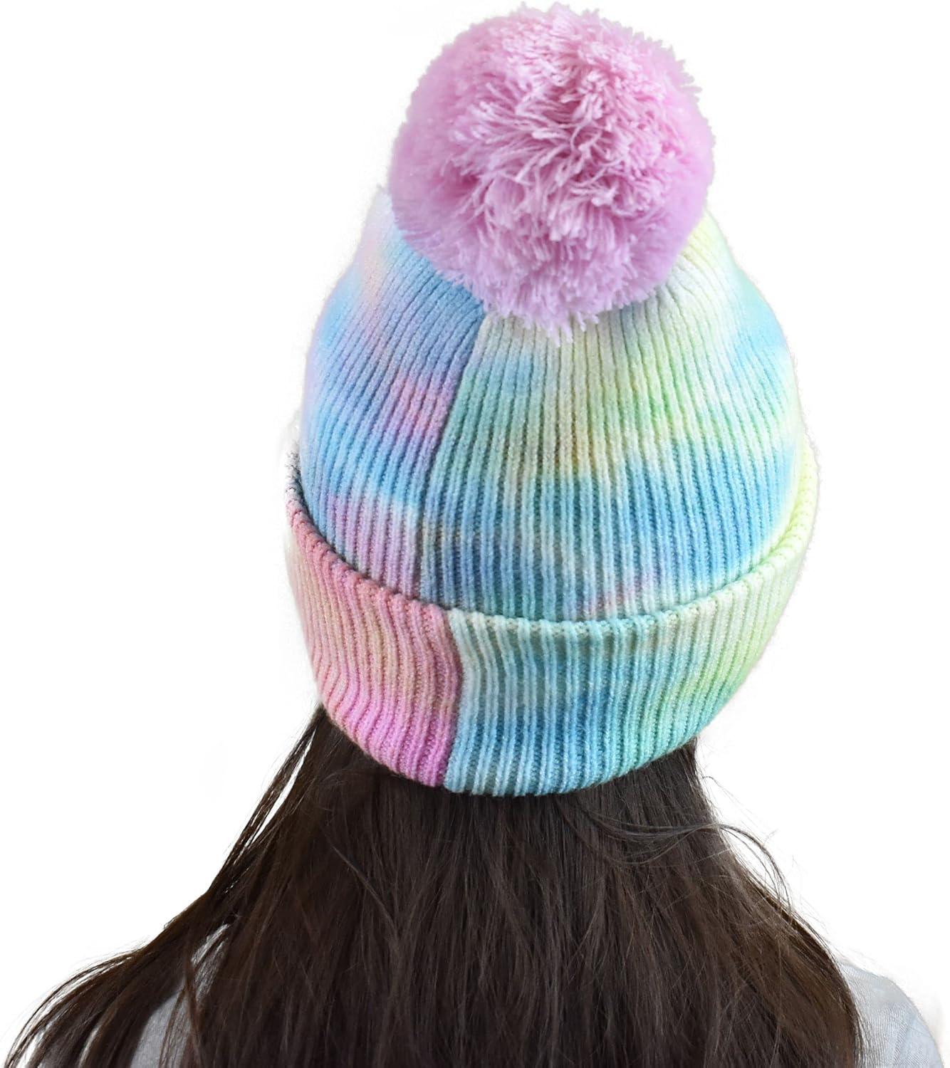 imageCC Kids Childrens Winter Thick Knit Tie Dye Pom Cuff BeanieCotton Candy
