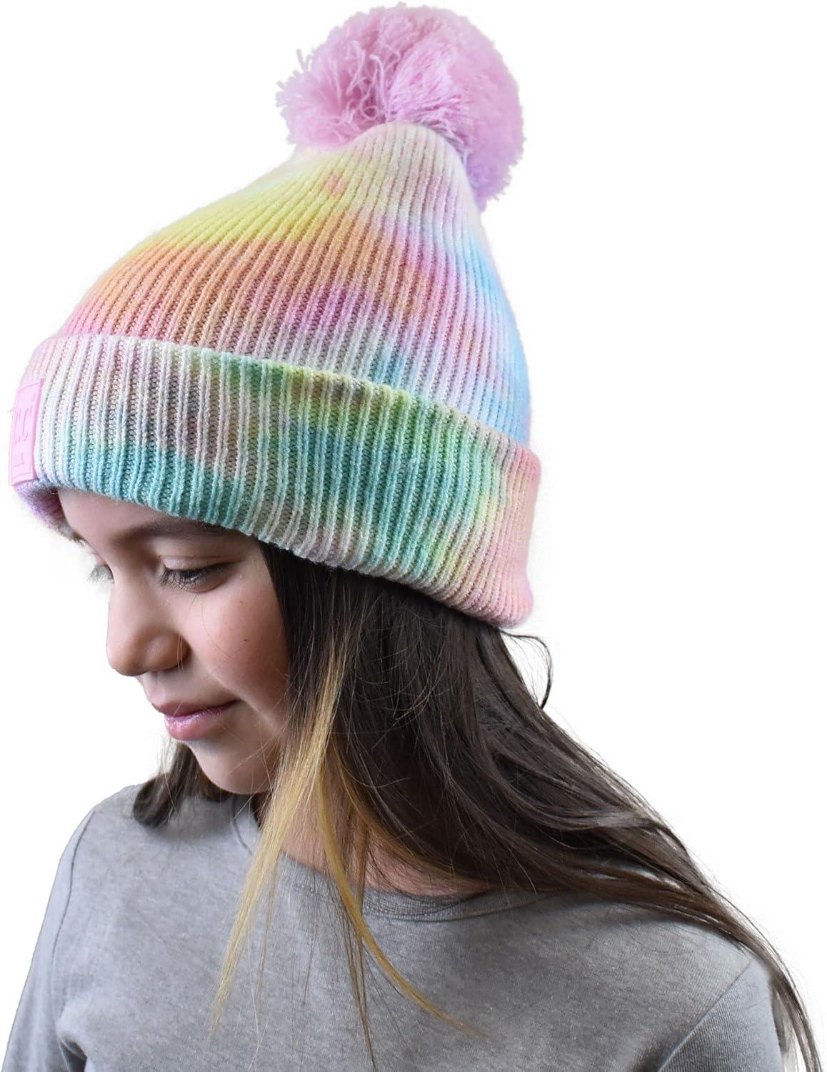 imageCC Kids Childrens Winter Thick Knit Tie Dye Pom Cuff BeanieCotton Candy