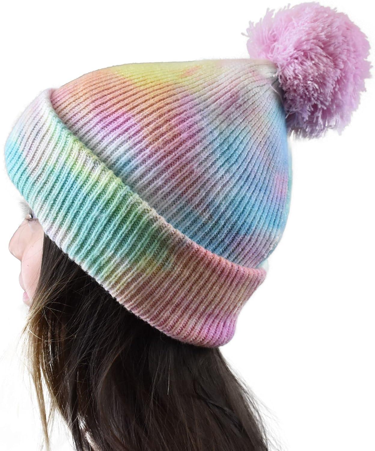 imageCC Kids Childrens Winter Thick Knit Tie Dye Pom Cuff BeanieCotton Candy