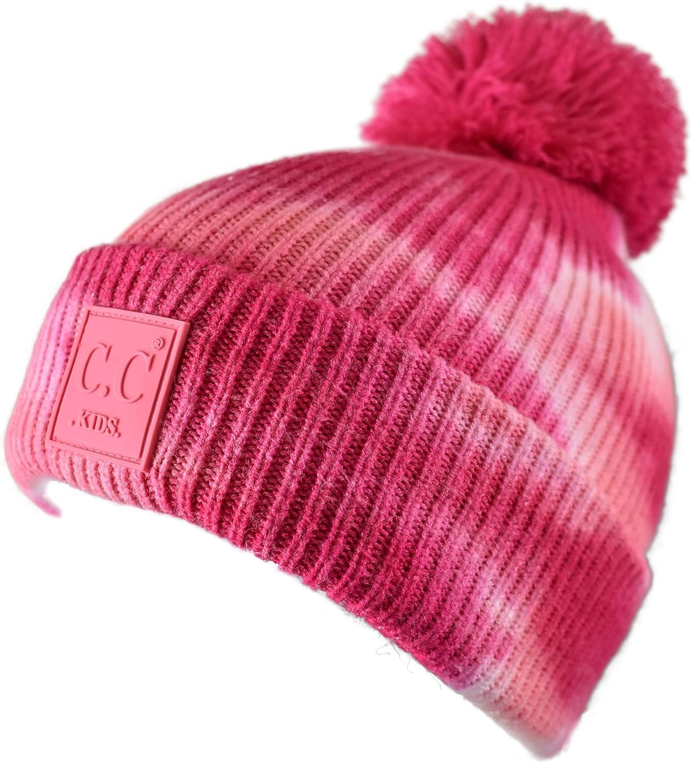 imageCC Kids Childrens Winter Thick Knit Tie Dye Pom Cuff BeanieFuchsiaPink
