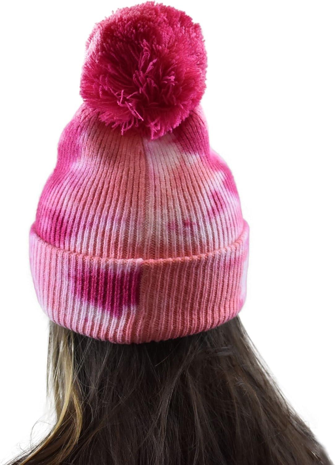 imageCC Kids Childrens Winter Thick Knit Tie Dye Pom Cuff BeanieFuchsiaPink