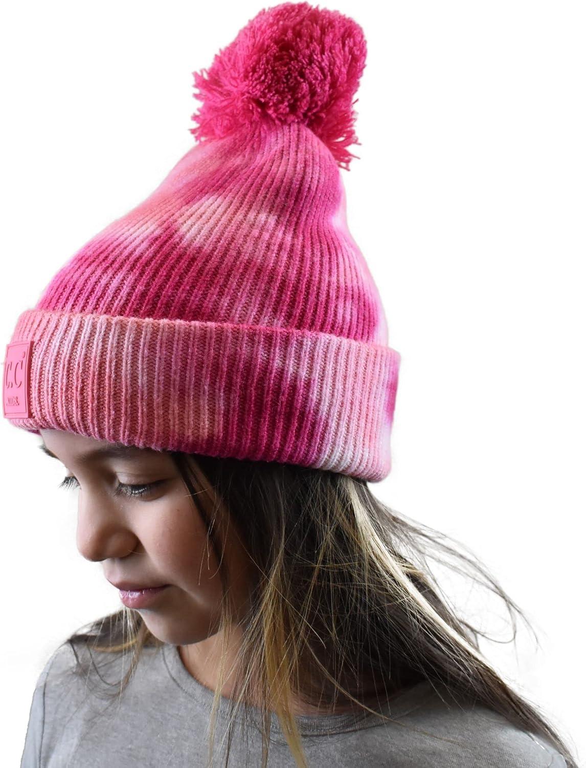 imageCC Kids Childrens Winter Thick Knit Tie Dye Pom Cuff BeanieFuchsiaPink