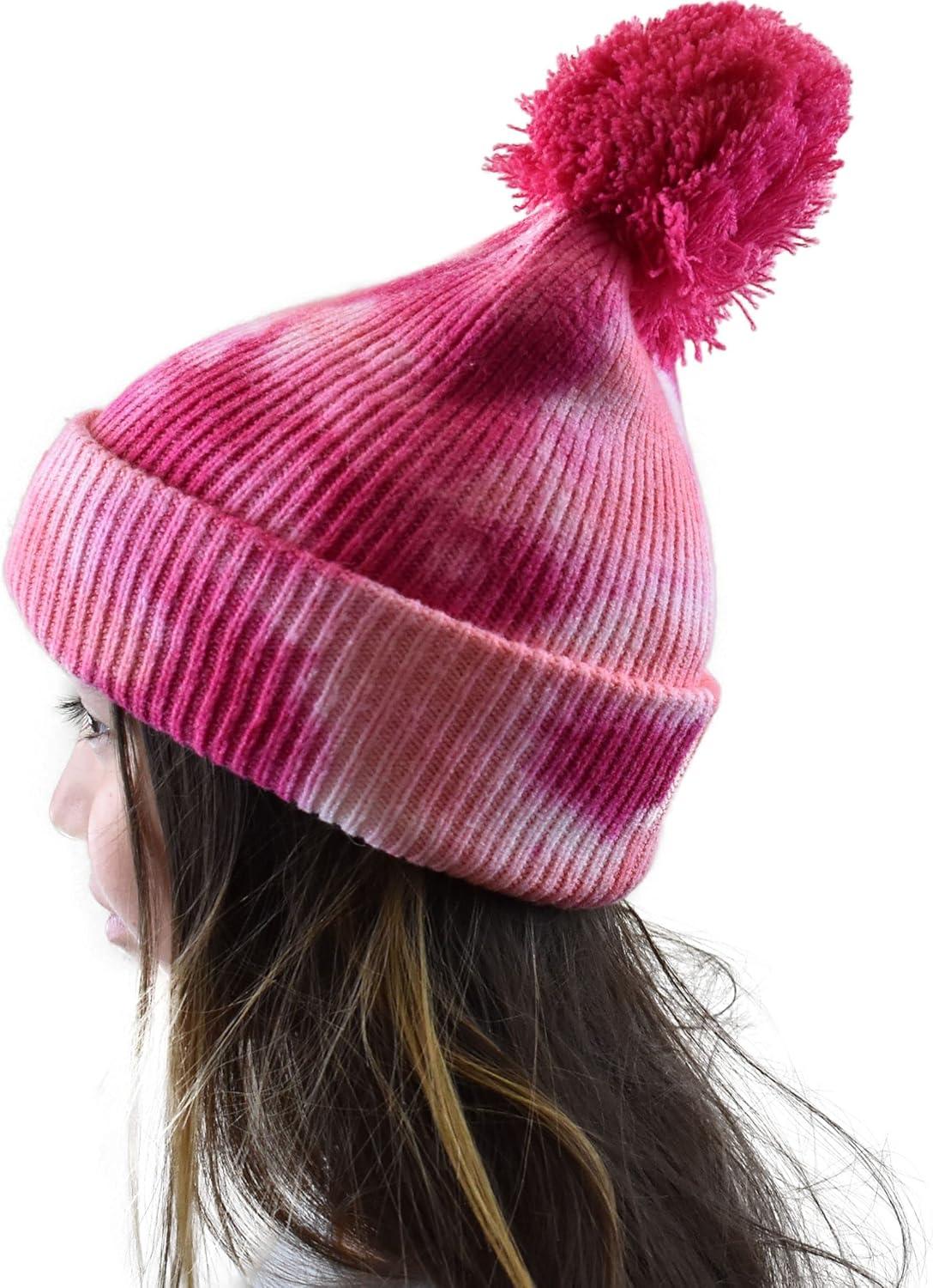 imageCC Kids Childrens Winter Thick Knit Tie Dye Pom Cuff BeanieFuchsiaPink
