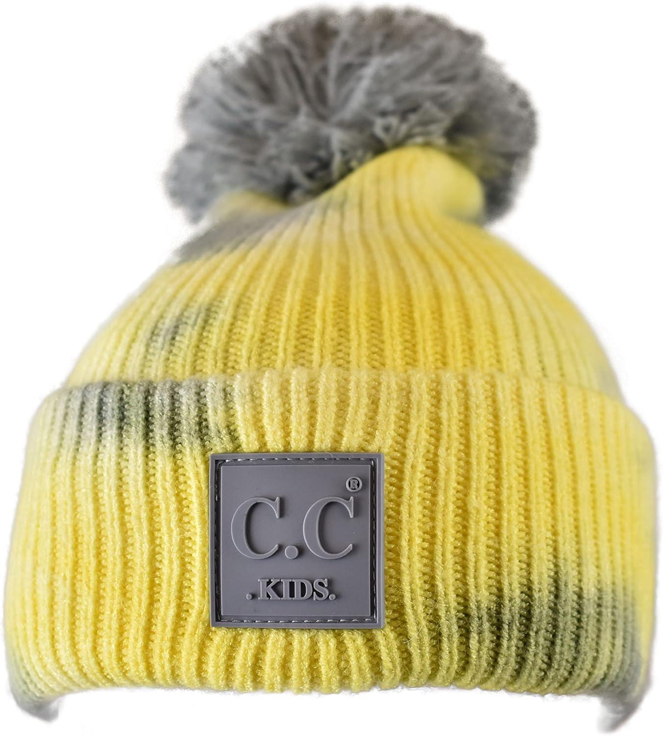imageCC Kids Childrens Winter Thick Knit Tie Dye Pom Cuff BeanieGrayYellow