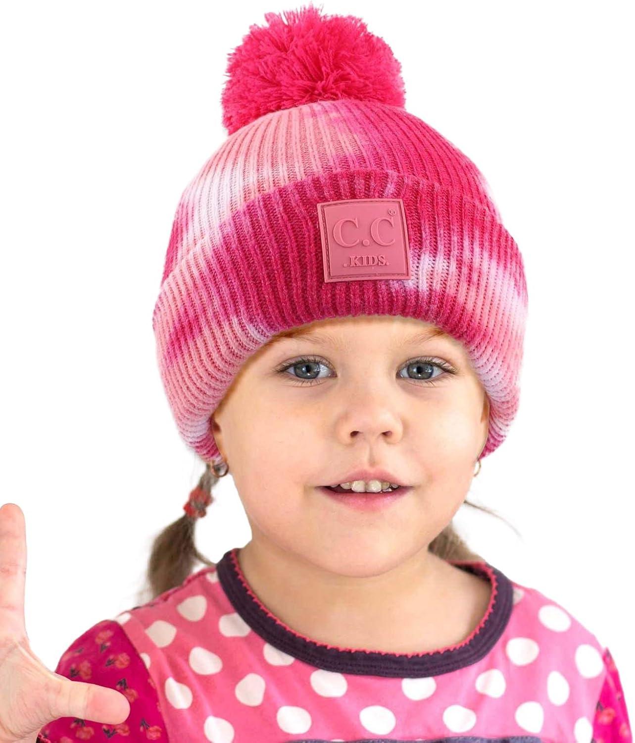imageCC Kids Childrens Winter Thick Knit Tie Dye Pom Cuff BeanieGrayYellow